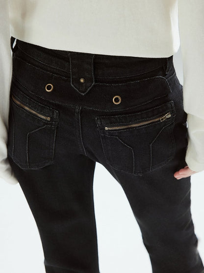 Black Denim Jeans with Stacked Pleats and Zipper Design - Low pixel