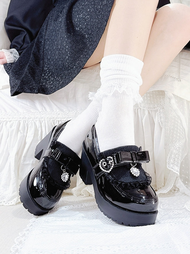 Platform Bow with Trim Polished Lace Kei Loafers Accents Jirai Rhinestone Details Black - Heart