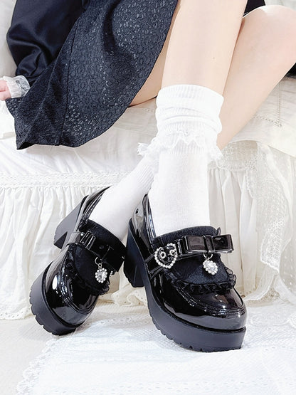 Platform Bow with Trim Polished Lace Kei Loafers Accents Jirai Rhinestone Details Black - Heart