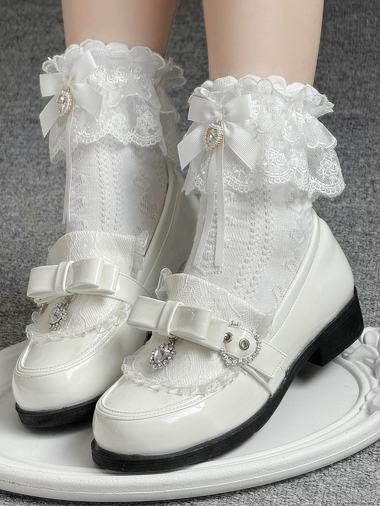 Details Polished Accent White Rhinestone Bow Low-heel PU Heart