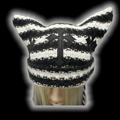 Black and White Cross Appliques Cat Ears Striped Beanie