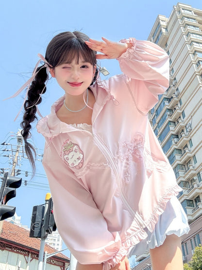 レース ゆめかわいい ピンク ストロベリーアップリケ ジャケット 蝶結び 日焼け防止 フード付き