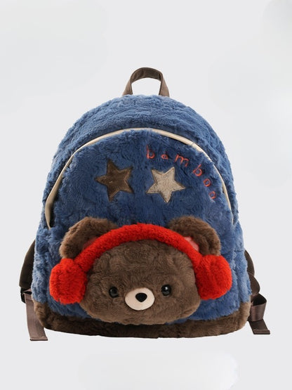 Embroidery Plush Letter Backpack BlueBrown With Bear A Star And Plushie Detachable