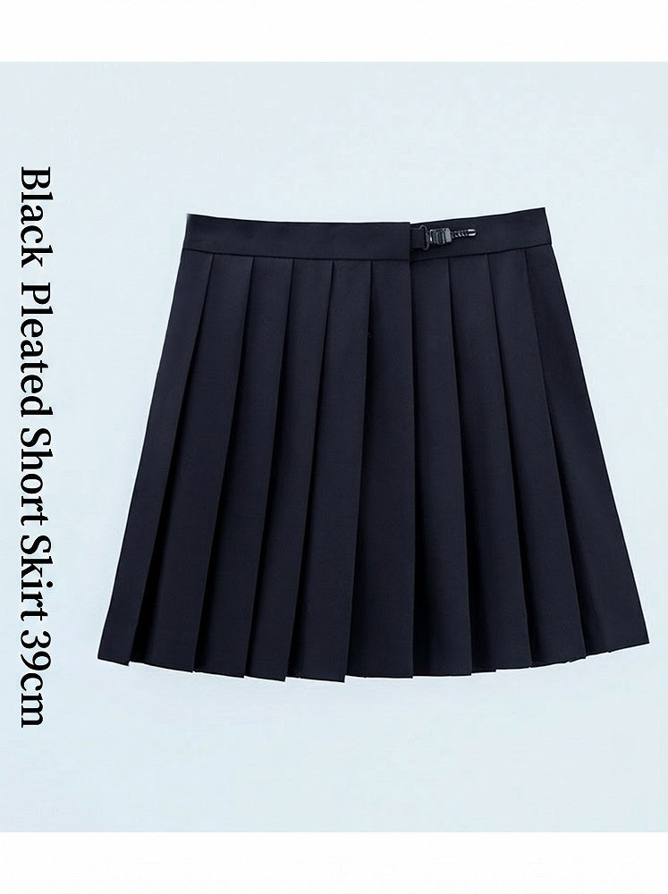 Black Adjustable Waist Pleated Skirt - Lan Jian Chuan