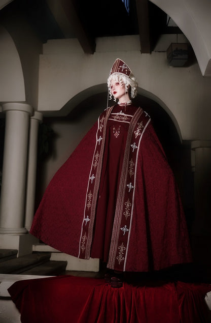 Cross Decorated Details Lolita Cloak and Wine Embroidery Red Nun