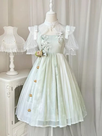 グリーンの縞模様の花柄刺繍トップドレス ホワイトカラー +