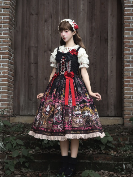 Pink Black Apple Embroidery Bow JSK Dress with Red Shoes Story - Forest Fairy Tales
