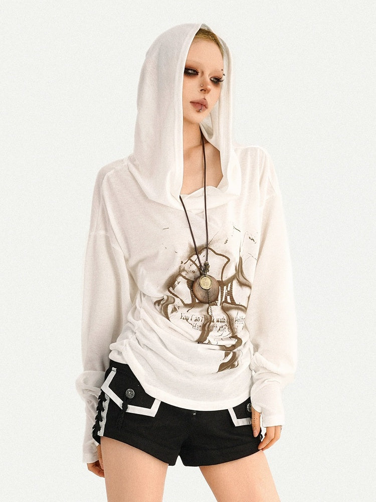 Wasteland Style Cowl Neck Cross Print Long Sleeve Hoodie with Ruffle Details