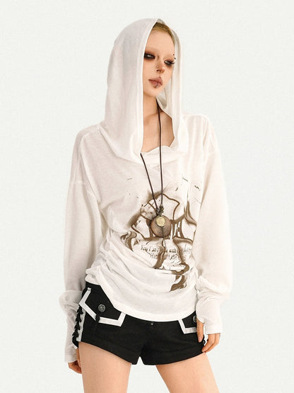 Wasteland Style Cowl Neck Cross Print Long Sleeve Hoodie with Ruffle Details