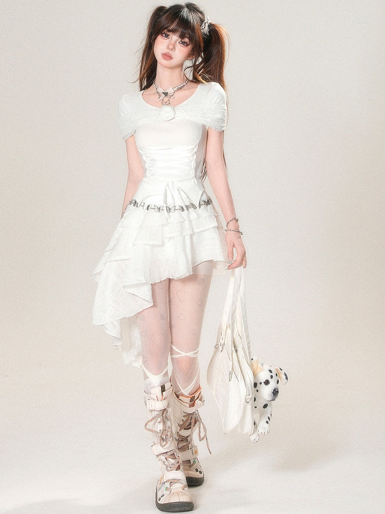 Hem Tiered Asymmetrical Skirt Letter Decorated Bowknot White Rhinestone And
