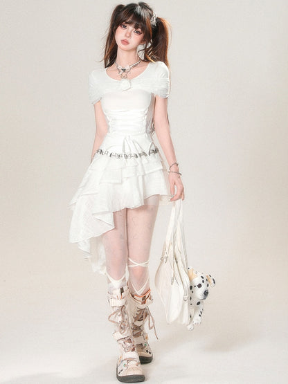 Hem Tiered Asymmetrical Skirt Letter Decorated Bowknot White Rhinestone And