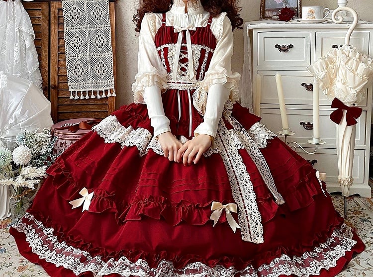 Rüschen Rosa Pullover Rock Haus Lolita Rote Träger Kleid Stil Einstellbar