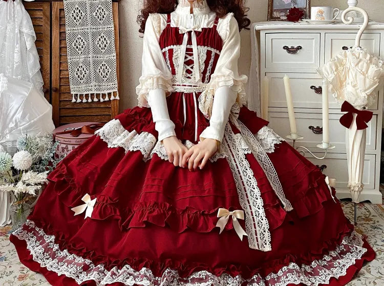 Pink Lolita Style Adjustable Ruffle Red Skirt Straps Dress House Jumper