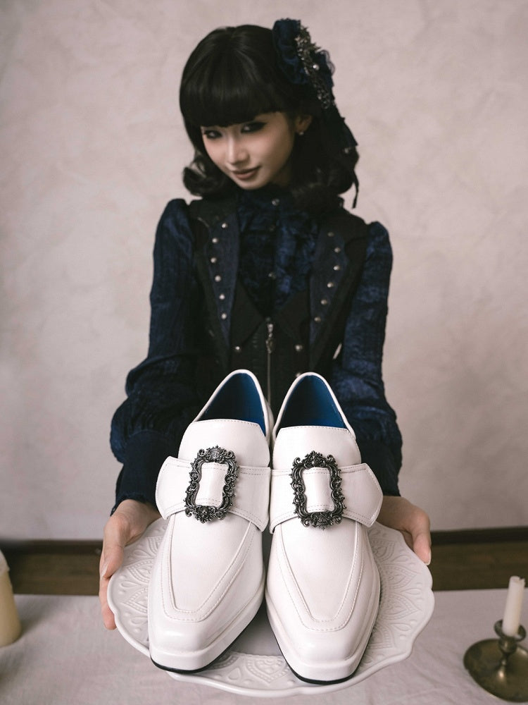 Elegant White Prince Style Gothic Lolita Square Toe Shoes with 7CM Heel - Lacy Bones