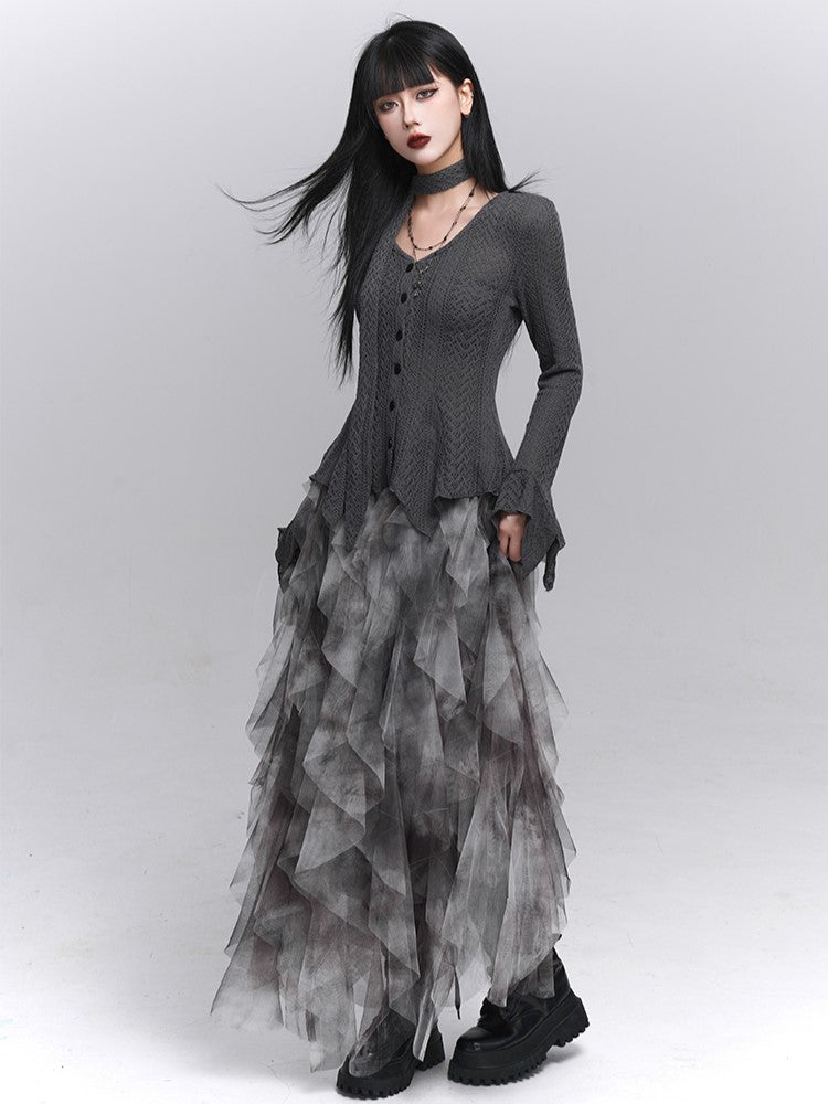 with  Gray Cascading Ruffles Skirt Tulle Asymmetrical Gothic