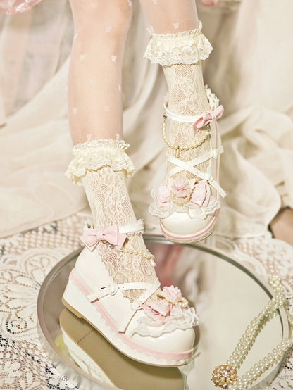 With Bow Beaded at Top Floral Design White Platforms Detachable Trim Lace Heart Chain Buckle