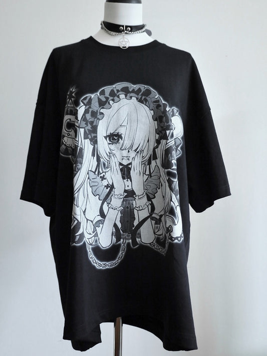 Neck BlackWhite Kei Jirai Round Print Cartoon Girl T-shirt