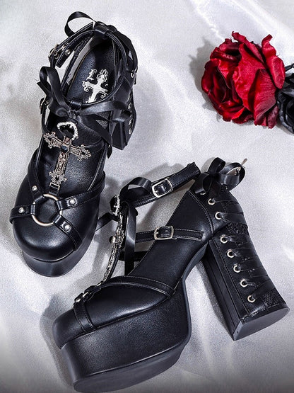 Lace-Up - Platform Heart Detachable Back with Rhinestone Black at Gothic Janes Charm Cross Bow Mary