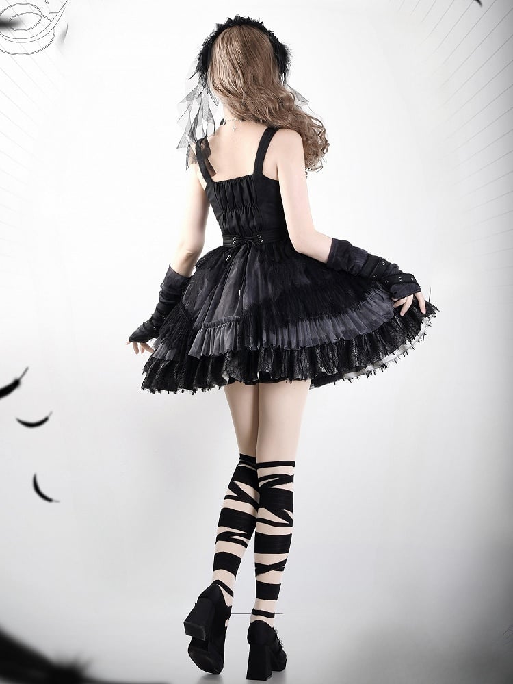 Buckle Feather Dress Panel Straps Shoulder Lace Skirt Gothic Black Lolita