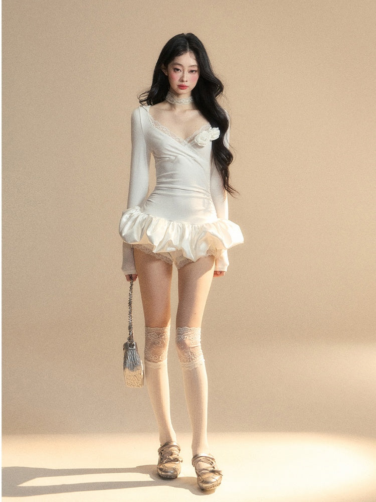 Floral Accents	Lace Skirt Mini Bubble Trim White V-Neck Dress Hooded Glamorous