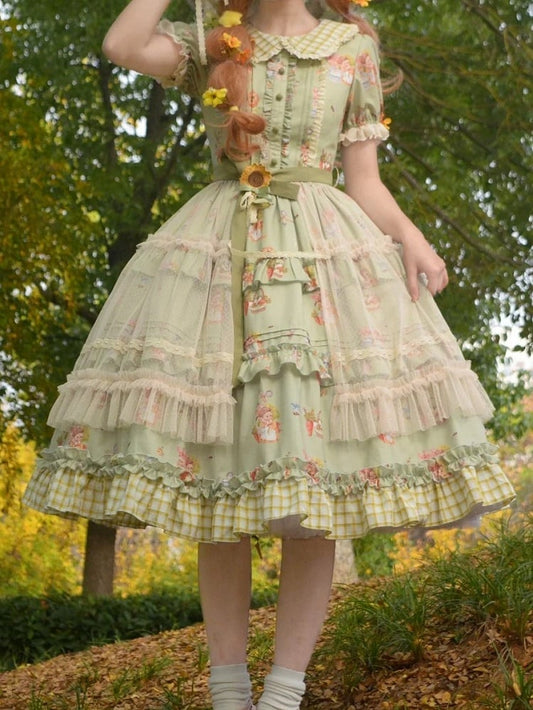 Dress Sleeves Bunny Overlay Puff with and Lolita Print Sunflower Green Hem Sweet Plaid