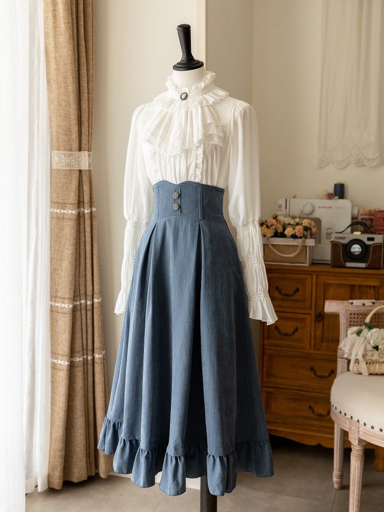 Elegant Dusty Blue Waistcoat and Boned High-Waisted Skirt Set