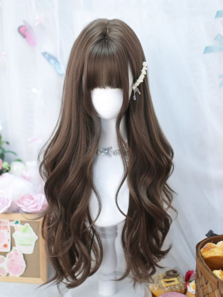 Brown Under Bust Length 70CM Wavy Wig with Air Bangs