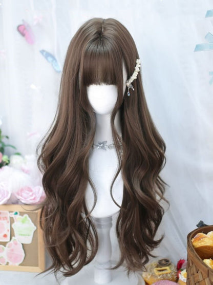 Brown Under Bust Length 70CM Wavy Wig with Air Bangs