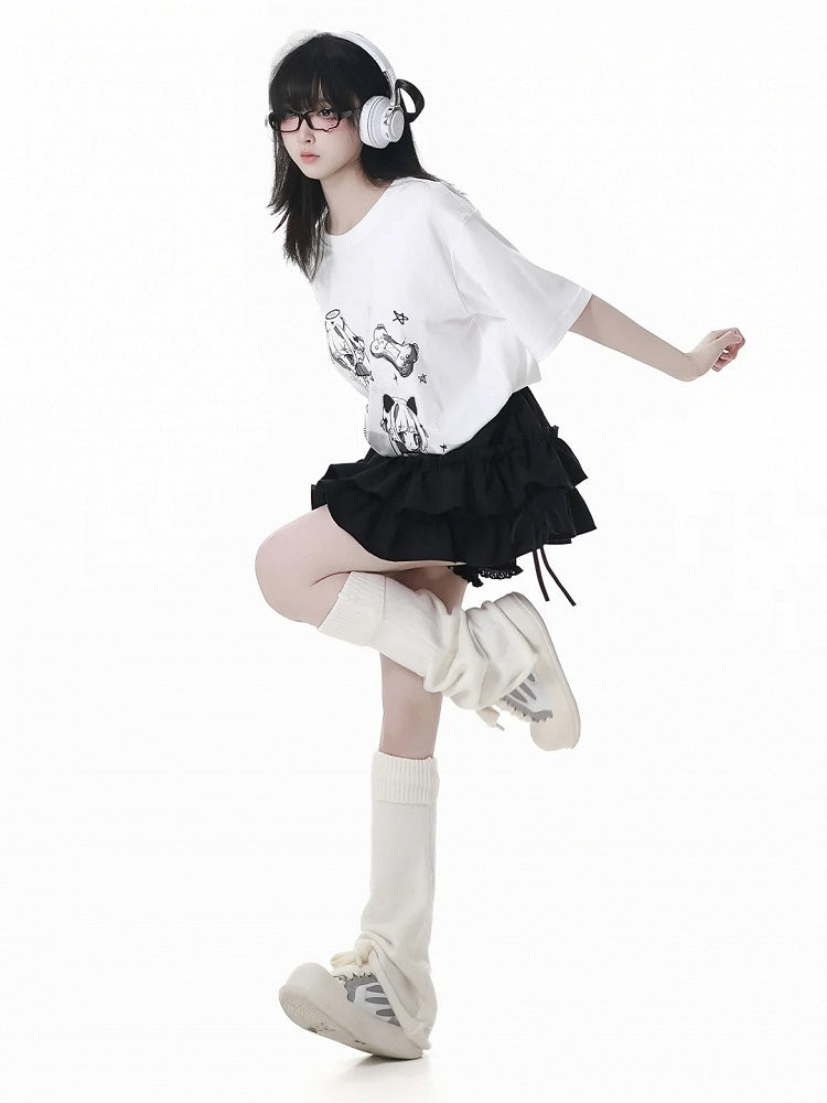 ブラック/チェック柄 ゴムウエスト ティアードスカート 裏地付き ブルマー