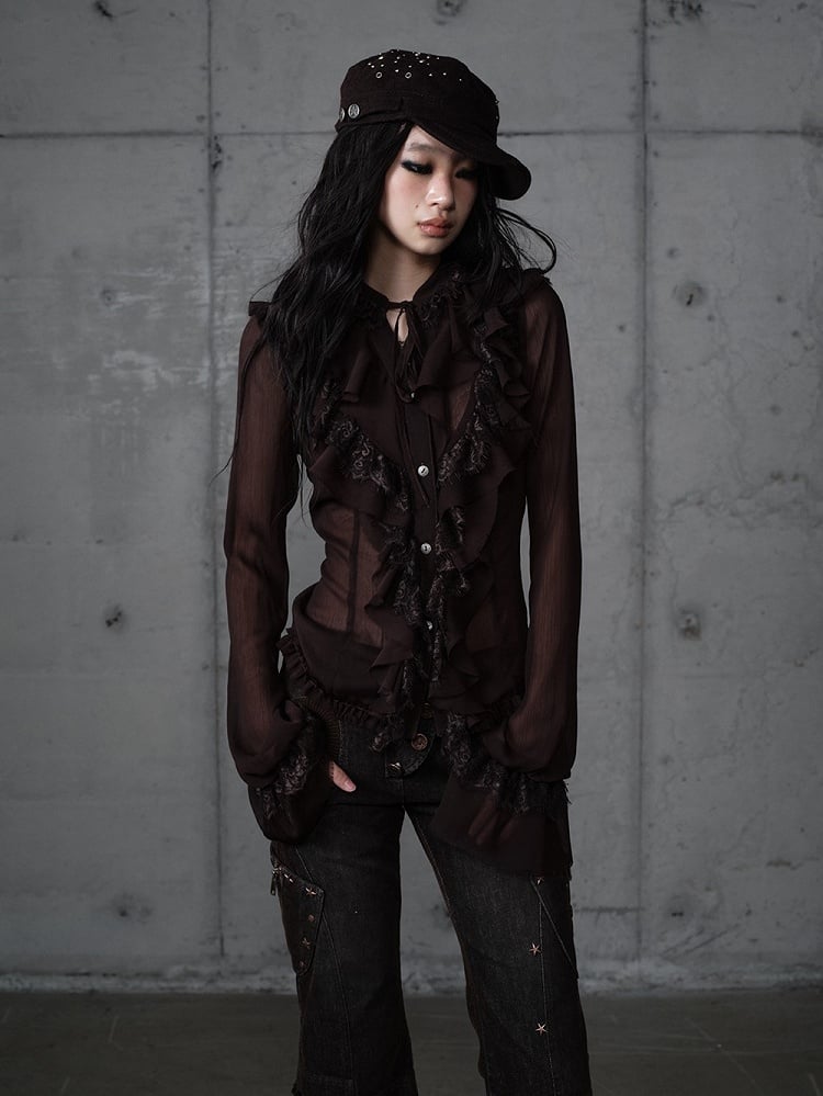 Princess Flounce Blouse Lace Button-Down Tie-Neck Front with Tiered Brown Vintage
