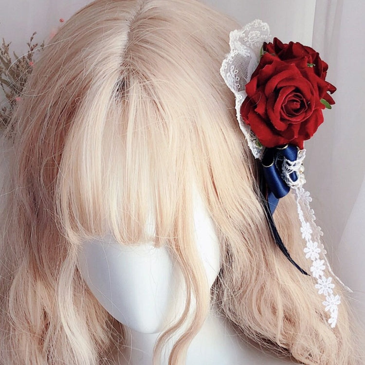 RedBlue White Snow Rosette Charm Hairclip Vibes Bowknot Beaded Design