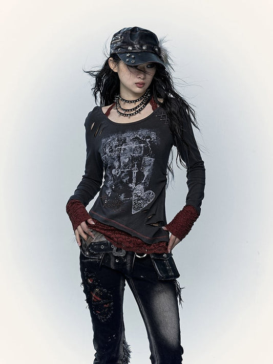 Grau-rotes Neckholder-Top mit Schnürung und Used-Look