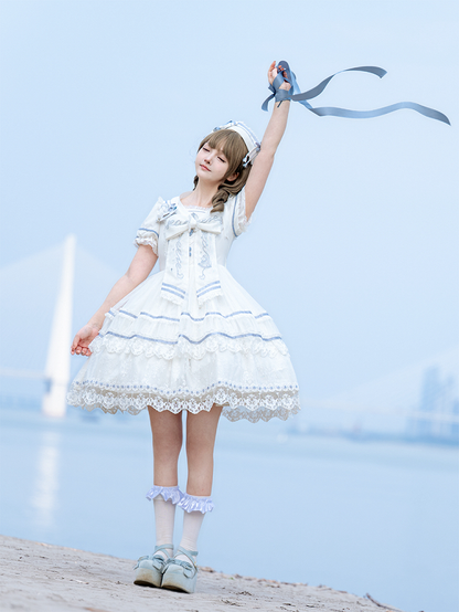 Ivory and Azure Lace Sailor Gown with Stitched Accents - Honey Machine