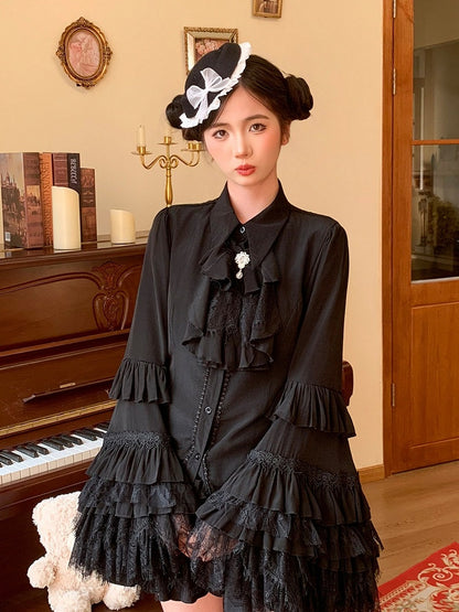 Gothic Lolita Black Blouse with Bell Sleeves and Lace - Lan Jian Chuan