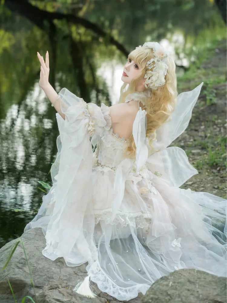 Lolita Fairycore Dress JSK Beige Full Design Princess and Set Butterfly Floral