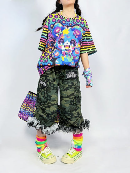 with Cargo Flounce Y2K Cuffs Capris Camouflage Denim