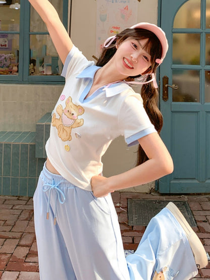 バージョンベアプリント アップル＆ハートボタン Tシャツ Vネック ホワイト ショート