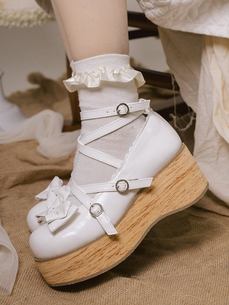 Accents Round Heels Bow Version Middle Sweet Buckle Platforms Straps White - Toe