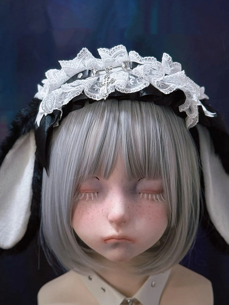 Alternative Leather Black Bunny Plush Ear Style Strap with White Droopy Dark Lace KC
