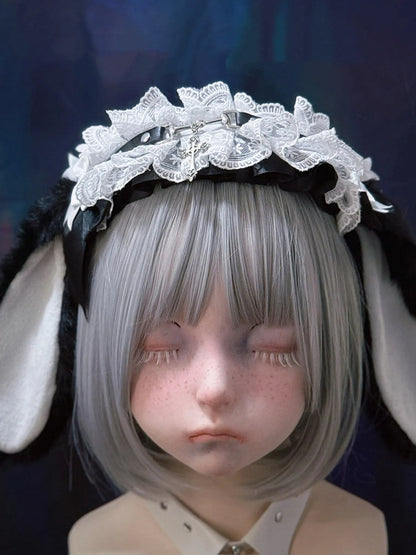 Alternative Leather Black Bunny Plush Ear Style Strap with White Droopy Dark Lace KC