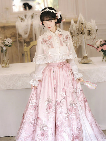 Pink and White Chinese-Style Long-Sleeved Top Set with Floral Print Skirt and Lace-Trimmed Chiffon Cape - Han Ru Chu Hanfu &amp; Han-Element Studi