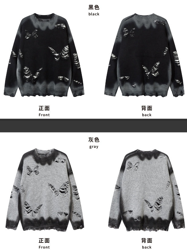 Y2K ブラック/グレー バタフライシェイプ ダメージ加工 ホールズ ラウンドネック セーター