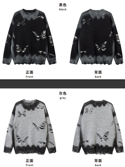 Y2K ブラック/グレー バタフライシェイプ ダメージ加工 ホールズ ラウンドネック セーター