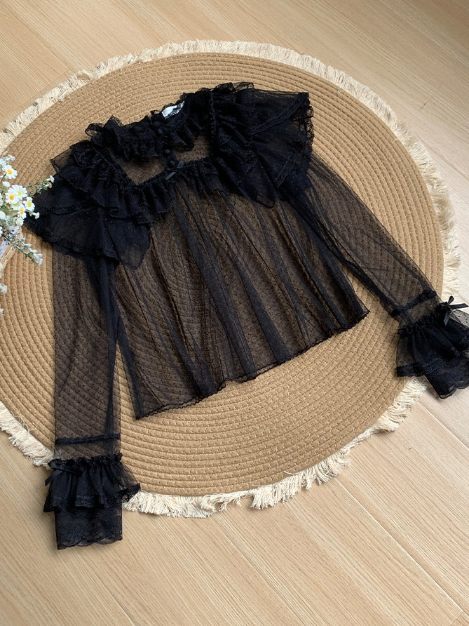 Dots Long Top Tulle Sleeves Black Sheer Lace
