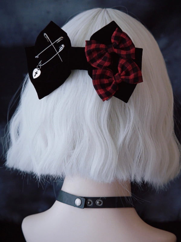 Bowknot Clip Plaid Rot Und Bowknots Schwarz Pins Doppel Details Mit Muster