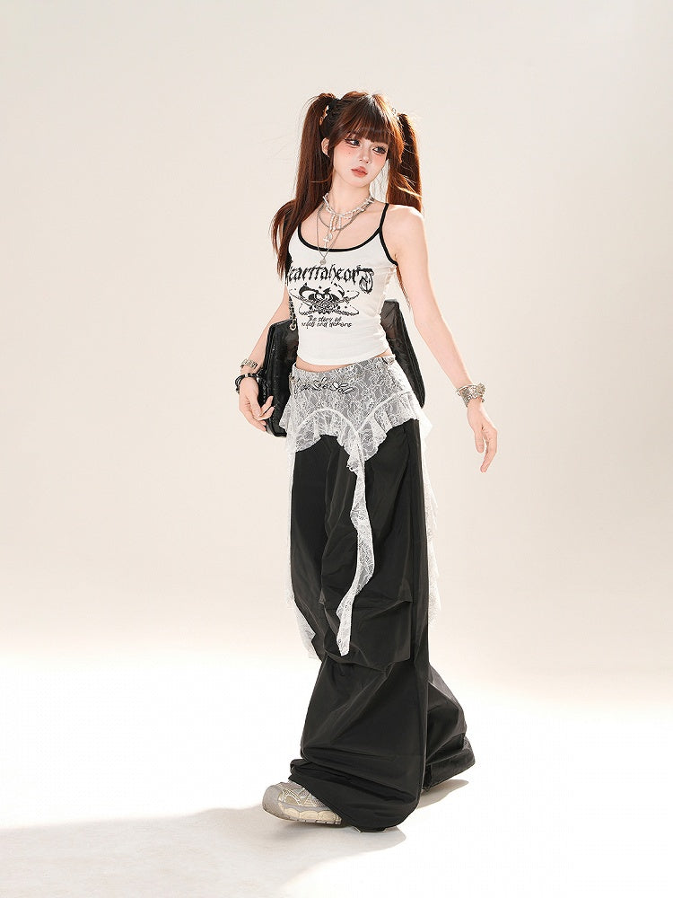 Grau/schwarze Hose mit weitem Bein und niedriger Leibhöhe und Spitzen-Accessoire an der Taille