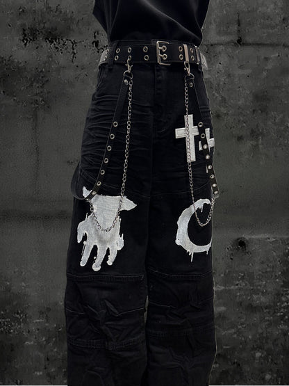 Moon with Pattern Black Cross Wide-leg Hand Jeans Patch Y2K