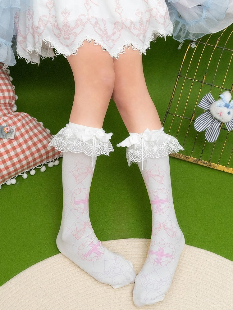 Calf Cross Cuffs Heart And Pink/Blue Socks Bowknot Print Lace With