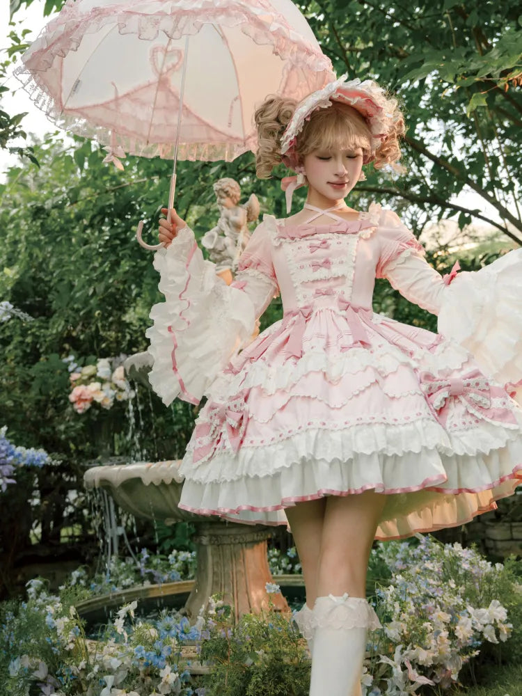 One Pink White and Bell Dress Piece Layered Lolita Sleeves School Long Old