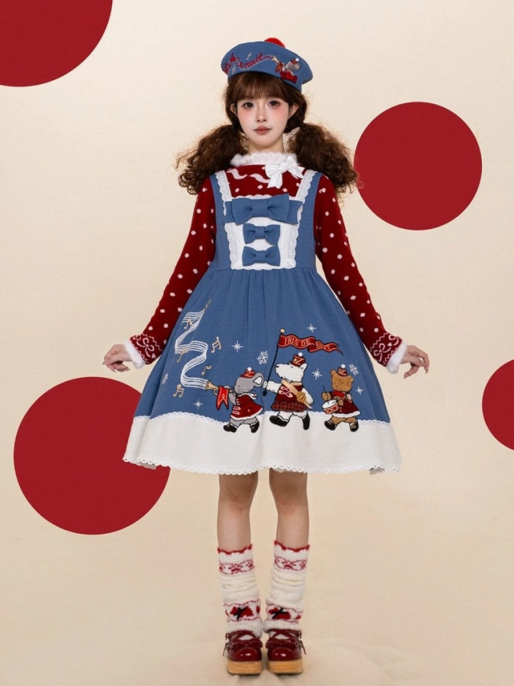 Kawaii Blue A-line Dress with Animal Embroidery Patchwork & Bowknots - iris de nuit